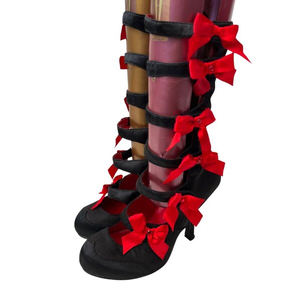 Funtasma Burlesque 129 high heels black satin red bows size 7 straps - Picture 3 of 11